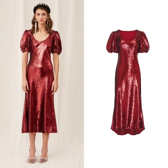 KEEPSAKE THE LABEL Farewell Sequined Puff Sleeve Midi Dress, Red, Size 00, NWT! - Picture 2 of 10